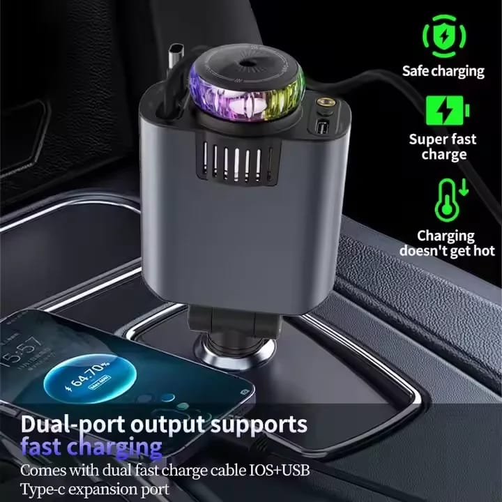 5-in-1 Car Smart Charger with Aroma Diffuser, LED Star Light, Dual Fast Charging Ports & Retractable Cable | 180° Adjustable Air Freshener Humidifier for Car Interior